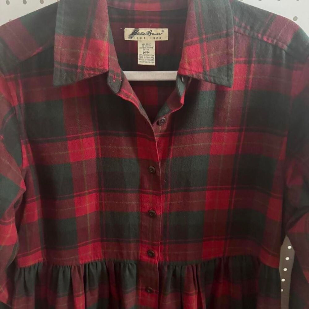 Vintage Eddie Bauer Plaid Flannel Shirt Dress Petite Medium Cottagecore - Picture 2 of 5